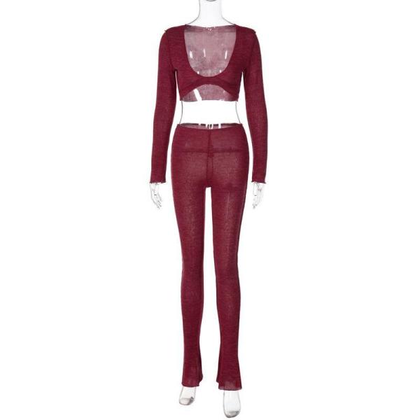 Fashionable and sexy U-neck cropped navel long-sleeved top slim fit and slim trousers suit