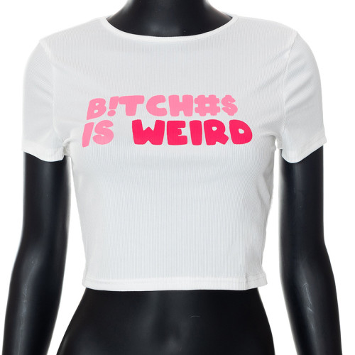 Letter Print Short Sleeve Crew Neck Wrap Fashion Top