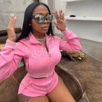 Women's Embroidered Zip Lapel Slim Top Pack Hip Straight Shorts Set