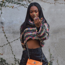 Knitted autumn fashion sexy leak navel color block high collar long-sleeved sweater Knitted autumn fashion sexy leak navel color block high collar long-sleeved sweater