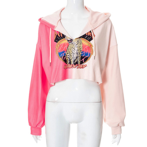 Fashion Street Gradient Print Loose Long Sleeve Hooded Sweatshirt Top