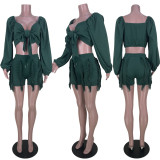 Elegant Long Sleeve Cropped Shirt Drawstring Fringe Two Piece