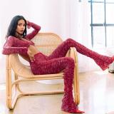 Fashionable and sexy U-neck cropped navel long-sleeved top slim fit and slim trousers suit