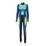 Fashion Print Long Sleeve Turtleneck Bodysuit Skinny Pant Set