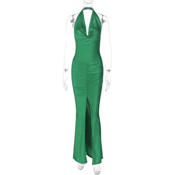 Fashionable halter neck open back slim pleated slit dress