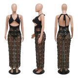 Sexy sling V-neck open back fashion split fringe bead dress