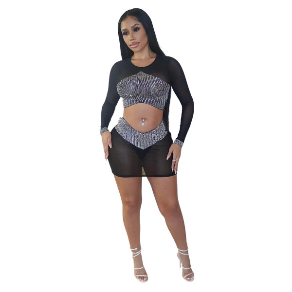 Solid color perspective sexy short top with A-line Skirt Set