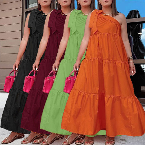 Sexy tie diagonal shoulder skirt dress