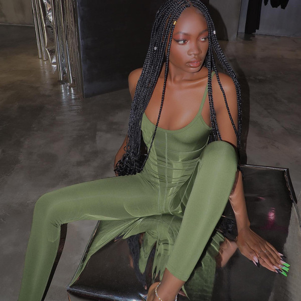 Sexy suspenders open back hanging chain tight hip lift trousers jumpsuit
