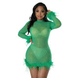 Fashion sexy perspective mesh hot drill feather tassel round neck dress