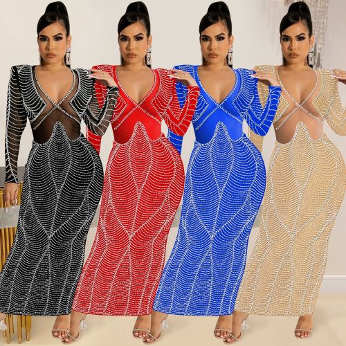 Sexy night club hot drill mesh perspective V-Neck long sleeve long skirt dress