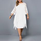 Plus Size Lace Panel Three Quarter Sleeve Irregular Hem Chiffon Dress