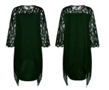 Plus Size Lace Panel Three Quarter Sleeve Irregular Hem Chiffon Dress