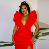 Sexy women's deep V three-dimensional sleeveless open back high waist split dress evening dress