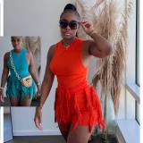 Sleeveless Tank Top Drawstring Fringe Casual Solid Color Two Piece