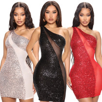 Slant single sleeveless Sequin stitched polyester mesh Hip Wrap A-line short dress