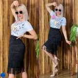 high waist stitched fringed skirt slim hip package skirt