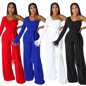 Fashion one shoulder long sleeve loose solid color Jumpsuit