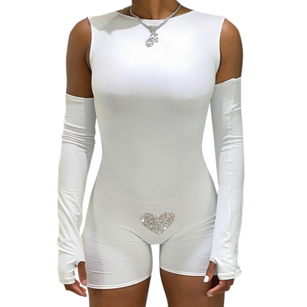 Heart Diamond Sleeve Cross Tie Bodysuit Shorts