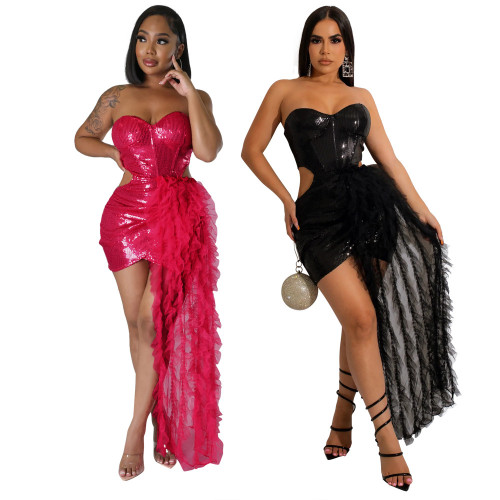 Sexy sleeveless bra, mesh splicing, Hip Wrap Skirt, Party Sequin dress