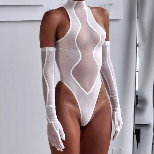 Sexy mesh stitching high-waisted tight-fitting hip sports jumpsuit