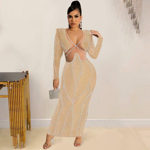 Sexy night club hot drill mesh perspective V-Neck long sleeve long skirt dress