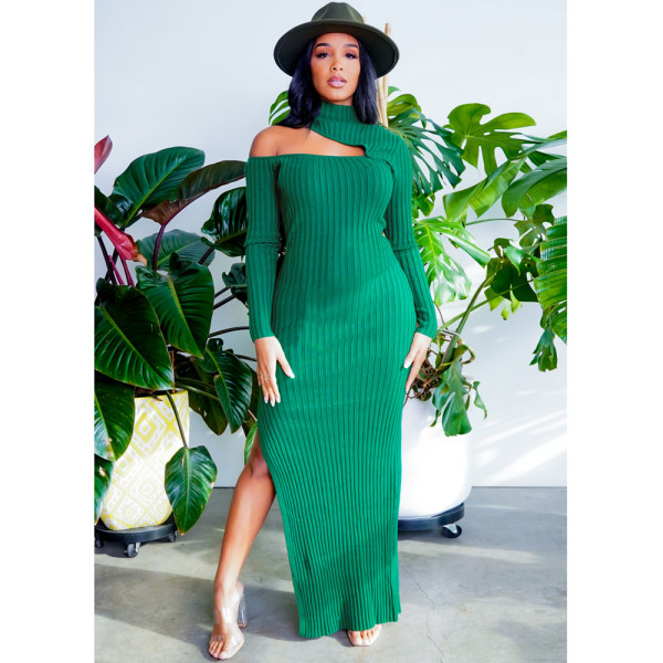 Sexy Open Show Slit Dress High Neck Pit Strip Long Skirt
