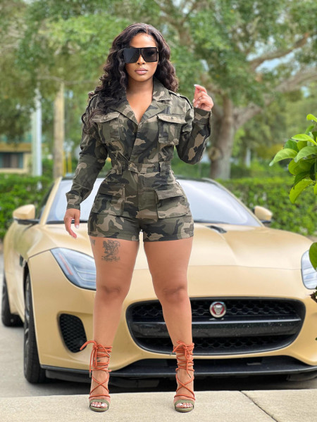 Camouflage print casual Lapel work style long sleeve Jumpsuit