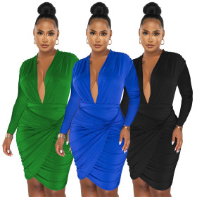 Sexy deep V-neck kink irregular long sleeve dress