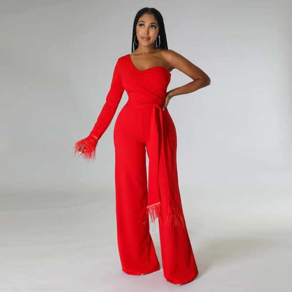 Fashion one shoulder long sleeve loose solid color Jumpsuit