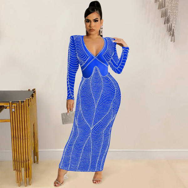 Sexy night club hot drill mesh perspective V-Neck long sleeve long skirt dress