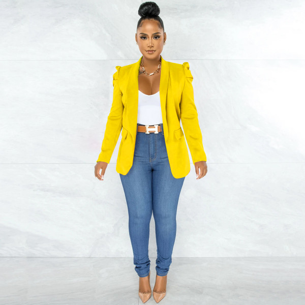 Solid Color Women's Ruffled Long Sleeve Blazer