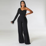 Fashion one shoulder long sleeve loose solid color Jumpsuit
