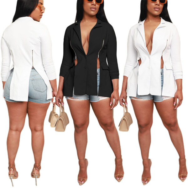 Fashion slit zipper long sleeve Lapel casual suit