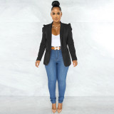 Solid Color Women's Ruffled Long Sleeve Blazer