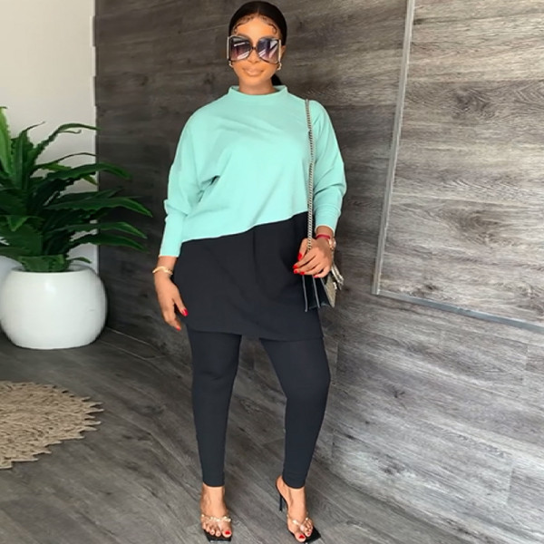 Long Sleeve Round Neck Loose Casual Colorblock Sweater Pennies Two Piece Set
