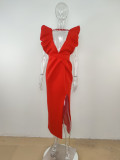 Sexy women's deep V three-dimensional sleeveless open back high waist split dress evening dress