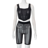Mesh Perspective Sexy Fishbone Top Shorts Casual Suit