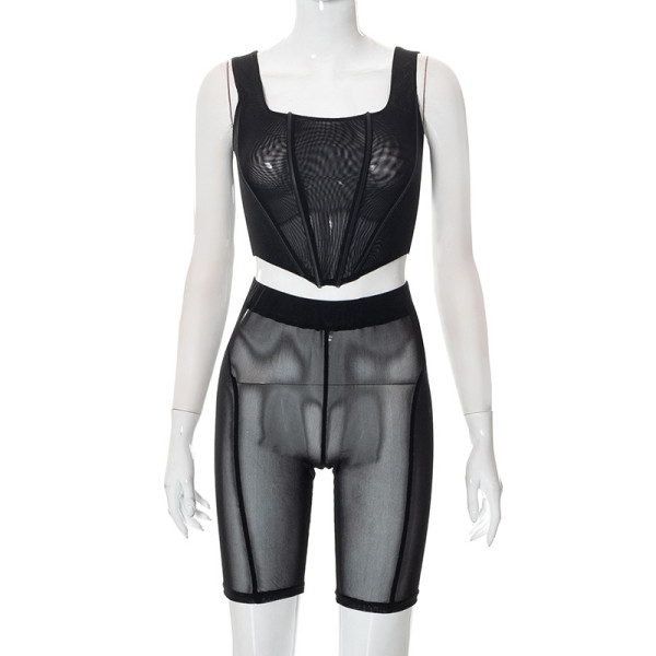 Mesh Perspective Sexy Fishbone Top Shorts Casual Suit