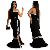 Sleeveless Strapless high slit stitched solid color dress fashion party evening dress Sleeveless Strapless high slit stitched solid color dress fashion party evening dress