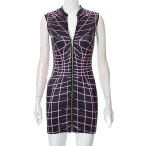 Fashion Women's Fall New Slim Fit Zipper Mesh Print Sleeveless Hip Pack Dress
