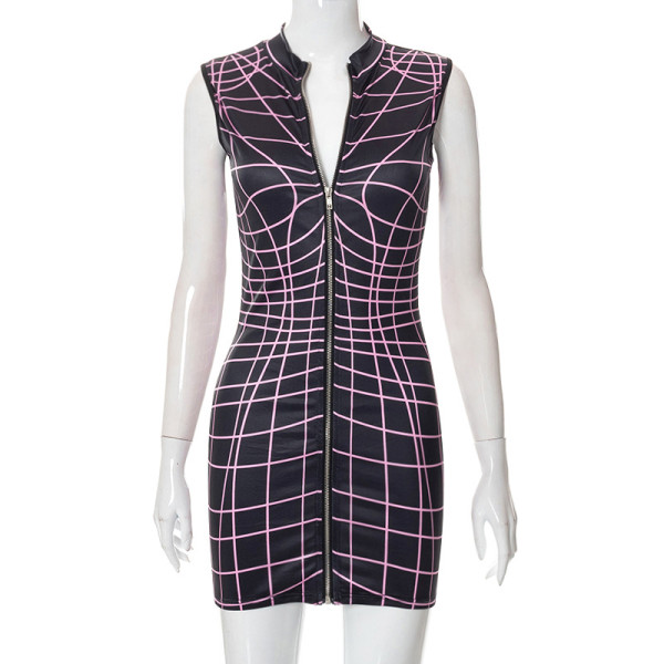 Fashion Women's Fall New Slim Fit Zipper Mesh Print Sleeveless Hip Pack Dress