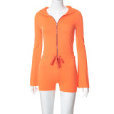Solid Color Long Sleeve Hooded Casual Straight Fit Slim Body Shorts