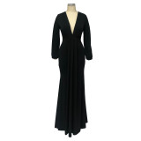 Autumn sexy slim deep V-neck dress floor dress