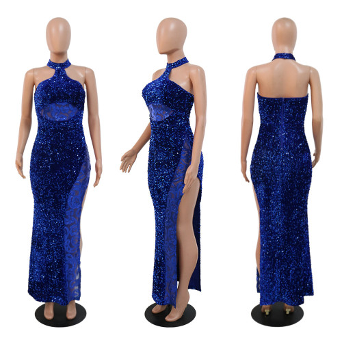 Banquet party dress, sexy high slit Sequin party dress with hanging neck