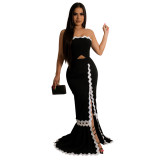 Sleeveless Strapless high slit stitched solid color dress fashion party evening dress