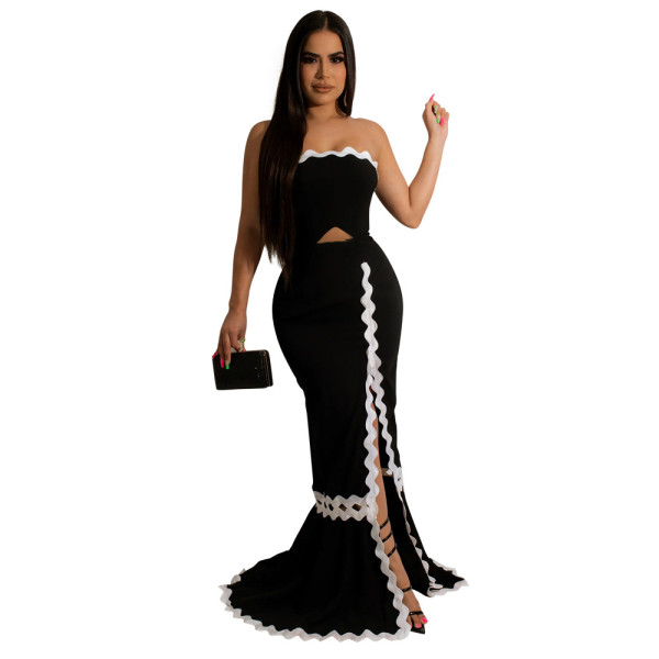 Sleeveless Strapless high slit stitched solid color dress fashion party evening dress