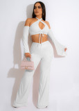 Thread sleeved irregular pleated wide leg pants two-piece set