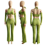 Thread sleeved irregular pleated wide leg pants two-piece set