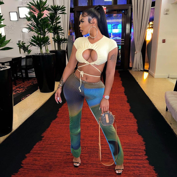 Sexy Perspective Mesh Print Contrast Color High Waist Hip Raise Thin Casual Pants